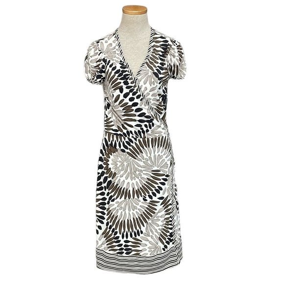 BCBGMaxAzria Dress Women's Small White Brown Floral Wrap Short Sleeve Midi - Picture 1 of 16